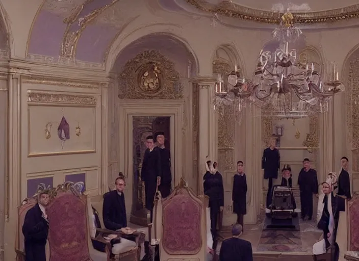 Image similar to a film still of a funeral in the grand budapest hotel ( 2 0 1 4 )