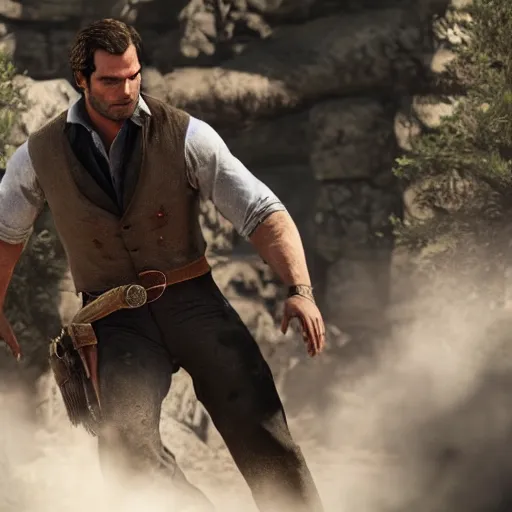 Prompt: Film still of Henry Cavill, from Red Dead Redemption (2018 video game)