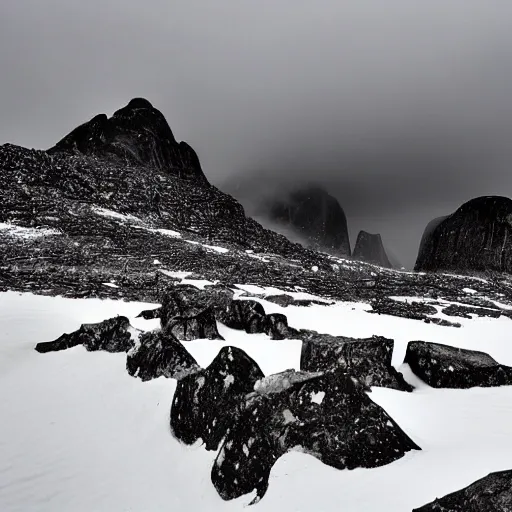 Image similar to a overlook of a artic mountain. below is a large monolithic cathedral, blocking out the rest of the view of the over look. grainy, overcast sky, snowing.