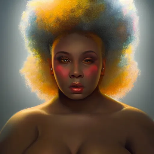 Prompt: beautiful oil painting of a fat light skinned woman with an afro, beautiful eyes, artstation, volumetric lights, highly detailed, concept art, sharp focus, beautiful face