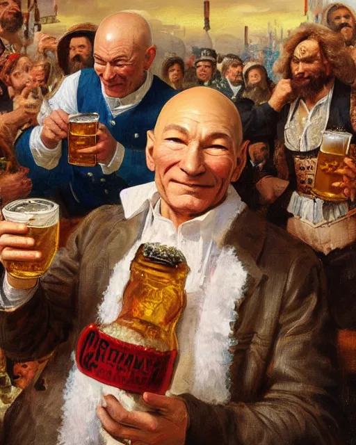 Image similar to a painting of patrick stewart holding a mug of beer at the oktoberfest, a detailed painting by konstantin makovsky and by jan matejko and by nikolay makovsky, shutterstock contest winner, german romanticism, detailed painting, oil on canvas, wimmelbilder