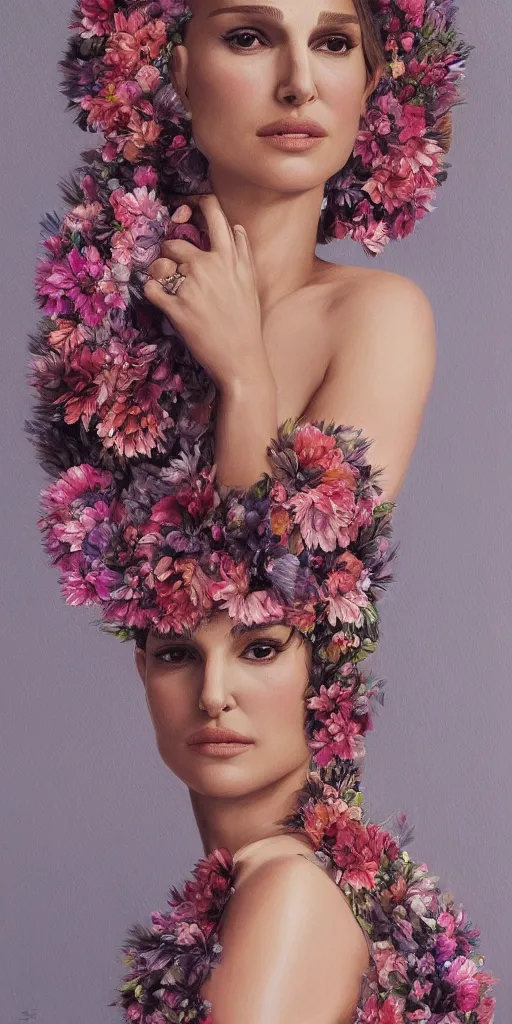 Image similar to Natalie Portman, wearing a long floral dress, very detailed portrait, ultrarealistic, dramatic lighting, electrical details, high details, 4k, 8k, best, accurate, trending on artstation, fur, artstation, photorealism, ultrarealistic, digital painting, style of Dali, Caravaggio, Boris Vallejo