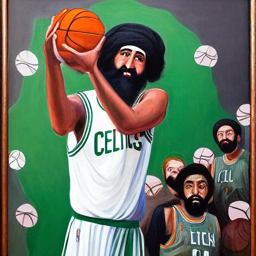 Prompt: facial portrait of osama bin laden shooting free throws, boston celtics, oil on canvas by william sidney mount