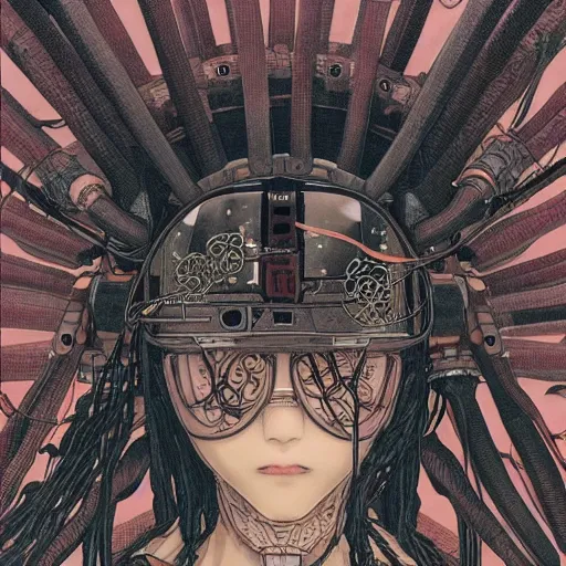 Image similar to a beautiful ukiyo painting of robot with dreadlocks, wearing space techwear, detailed symmetrical close up portrait, intricate complexity, by takato yamamoto, wlop, krenz cushart. cinematic dramatic atmosphere, sharp focus