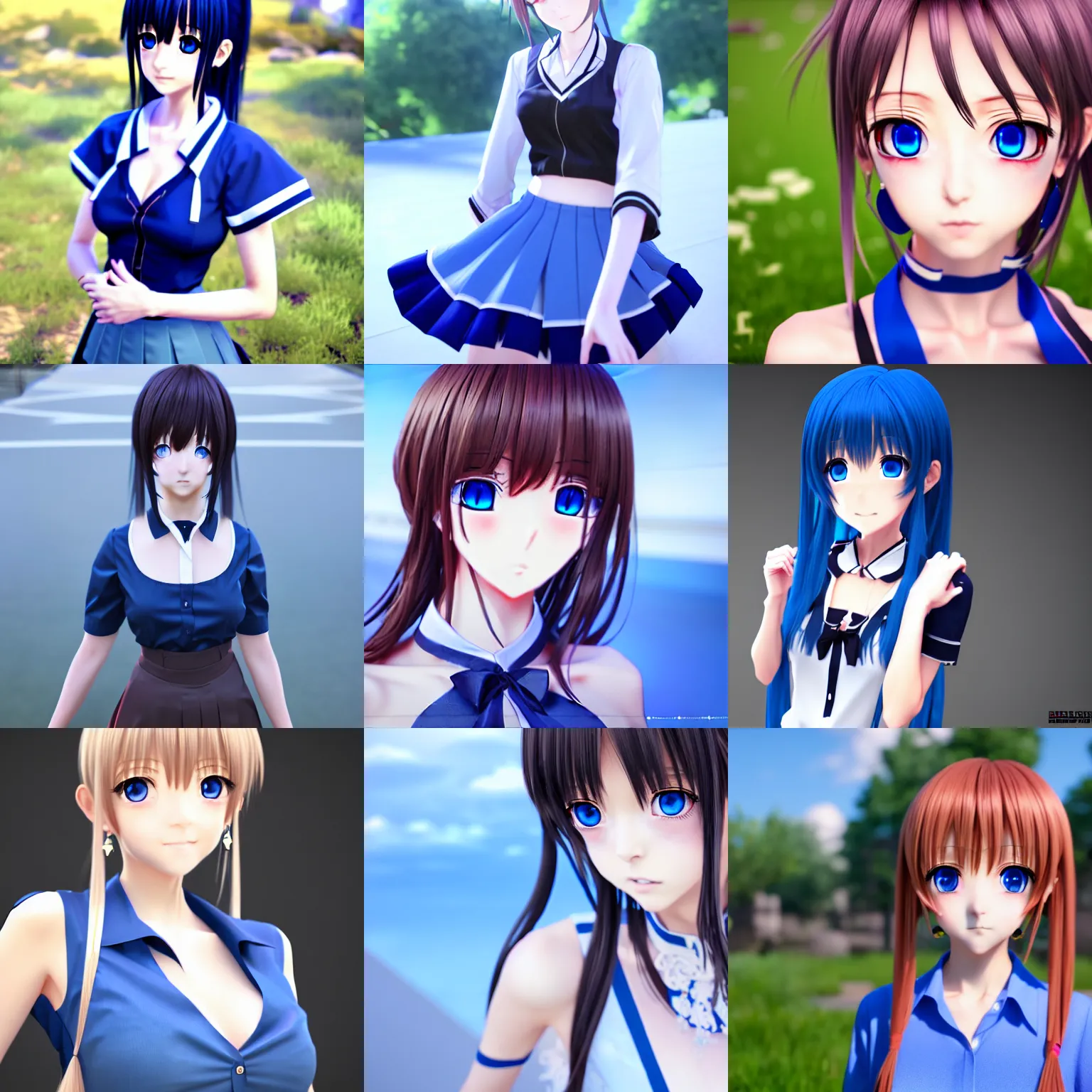 Prompt: a gorgeous anime girl, blue eyes, skirt, blouse, long earrings, hyperrealistic, unreal engine 4k