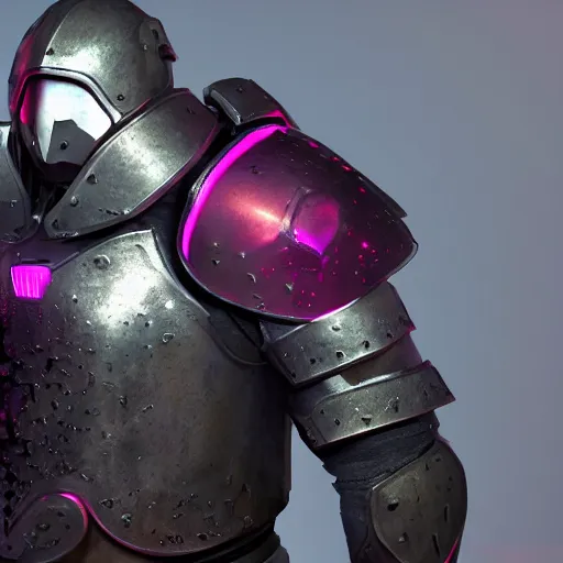 Image similar to dark metalic shoulder armour lit by fire behind and a bright pink light source in front. cinematic lighting, realistic concept art. octane render