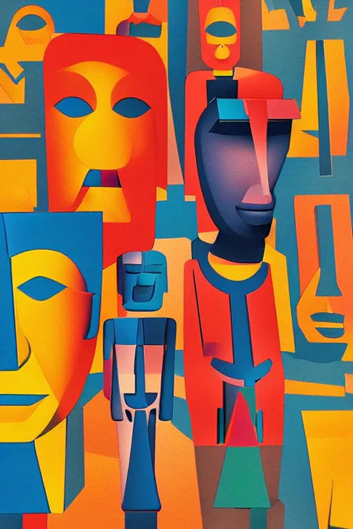 Image similar to cubist moai statue cutout digital illustration cartoon colorful beeple