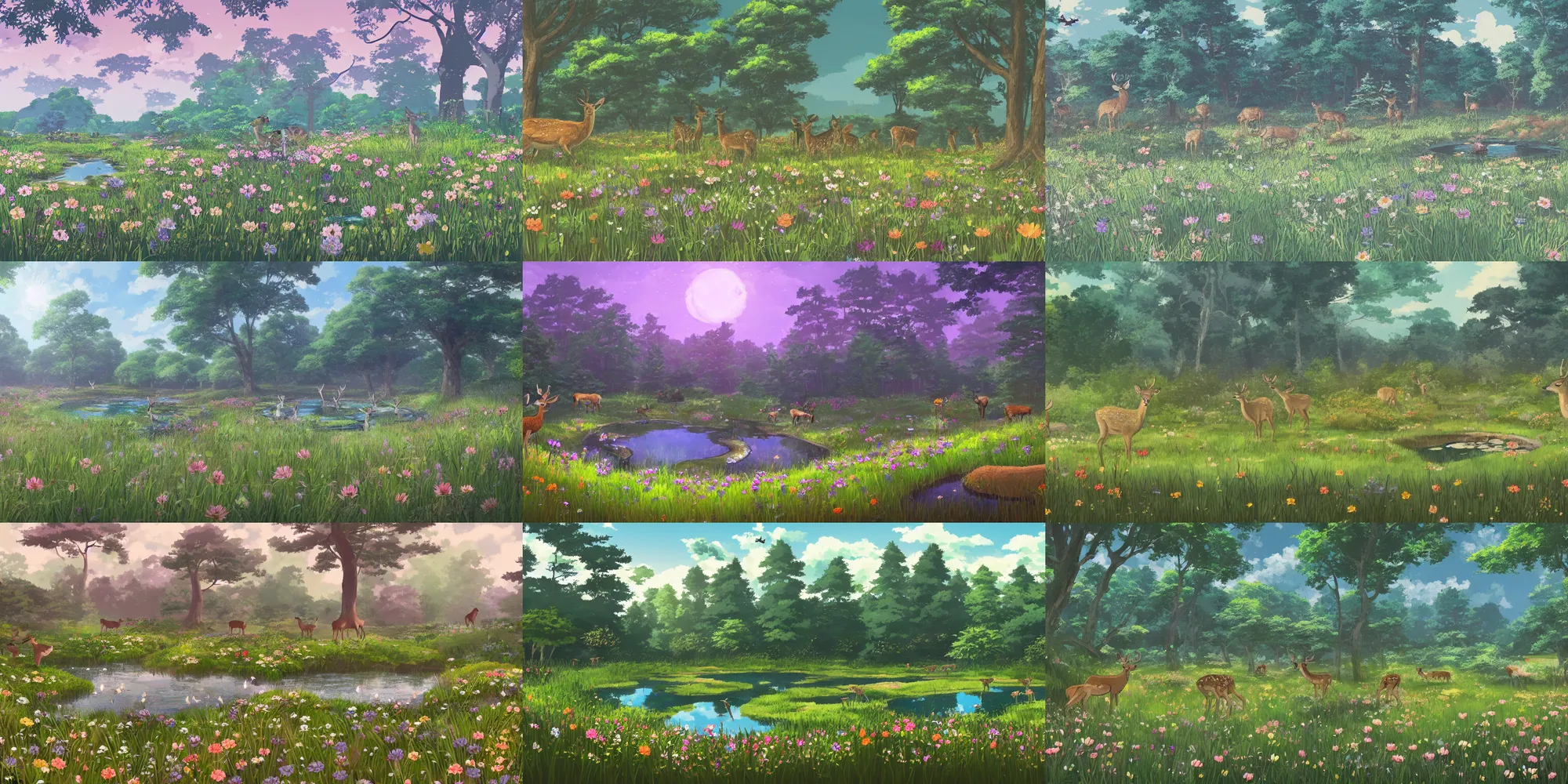 Prompt: flowery meadow with a few deers and a pond and background forest, evening, highly detailed, low angle view, studio ghibli, artstation