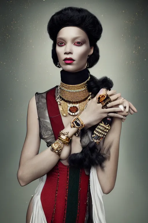Prompt: gucci black queen fine portrait, pleasant looks, gucci photoshoting, photo shooting studio lightning, by tom bagshaw and gucci