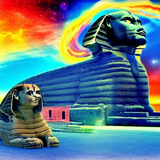 Image similar to realistic, stunning beauty. cat. sphinx. close - up on the background of the cosmic incredible. colorful sky. fantasy.