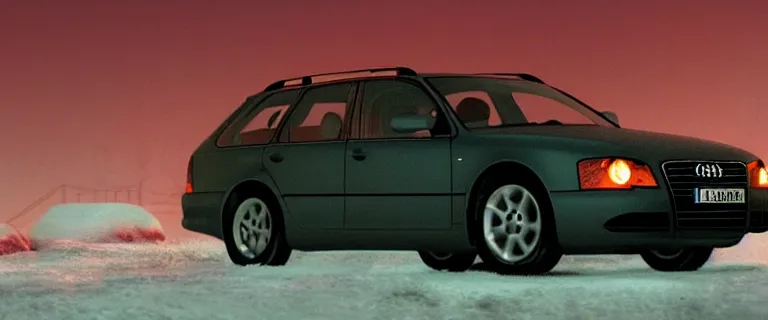 Image similar to Audi A4 B6 Avant (2002), a gritty neo-noir, dramatic lighting, cinematic, eerie person, death, homicide, homicide in the snow, viscera splattered, gunshots, bullet holes, establishing shot, extremely high detail, photorealistic, fire, arson, cinematic lighting, artstation, by simon stalenhag, Max Payne (PC) (2001) winter New York at night, In the style of Max Payne 1 graphic novel, flashing lights, Poets of the Fall - Late Goodbye