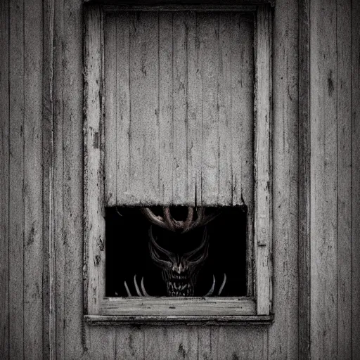 Image similar to a horrifying wendigo peering in from the outside of the window, photorealistic, 8 k, detailed, horror, photography, spooky