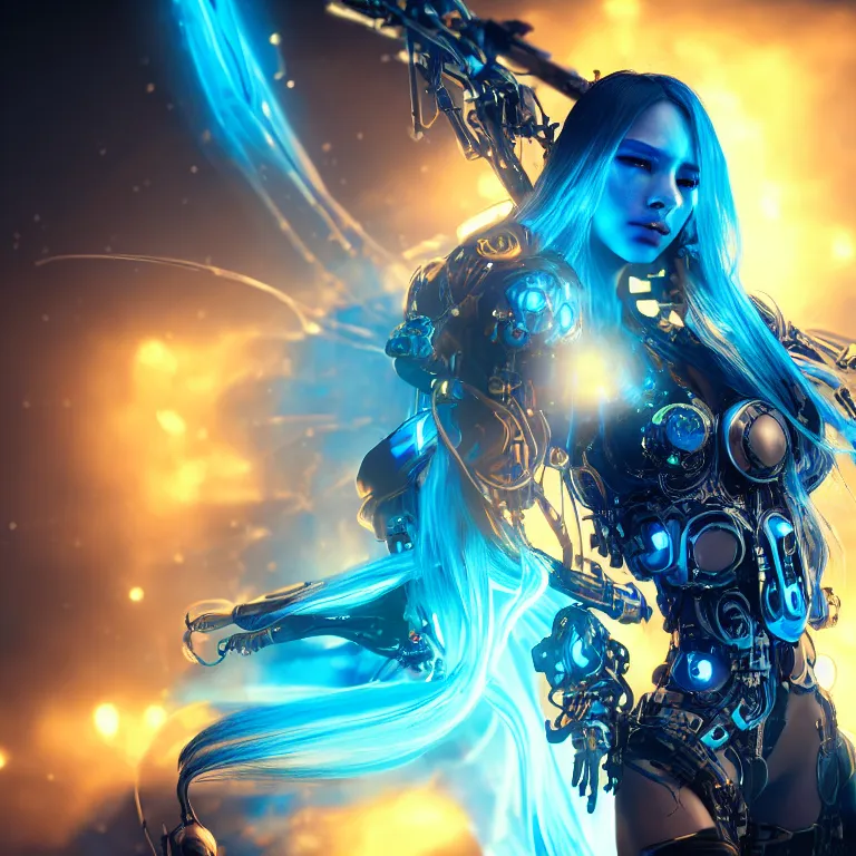 Image similar to beautiful cinematic fantasy poster, a cyberpunk cyborg female with brilliant blue flowing hair, beautiful blue glowing gold eyes, wideshot ultrawide angle epic scale, in the style of Mika Koskensalmi, Jason Chan, art station; cinematic quality character render; low angle; ultra high quality model; production quality cinema model;