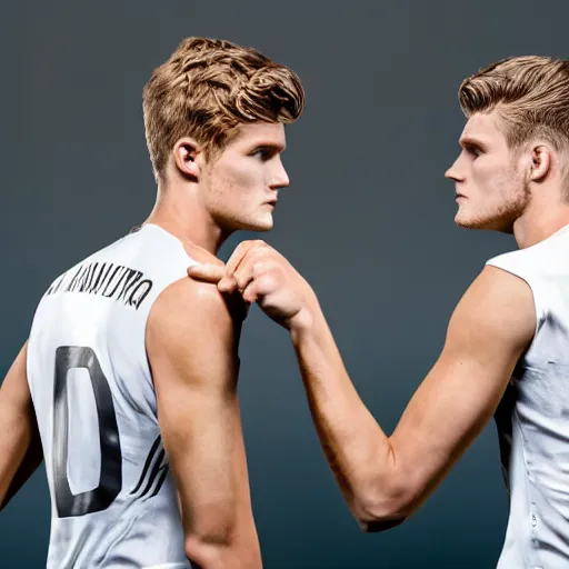 Image similar to a realistic detailed photo of a guy who is an attractive humanoid who is half robot and half humanoid, who is a male android, soccer players martin ødegaard & timo werner, shiny skin, posing like a statue, blank stare, in a factory, on display, showing off his muscles, gold soccer shorts, side view, looking at each other mindlessly