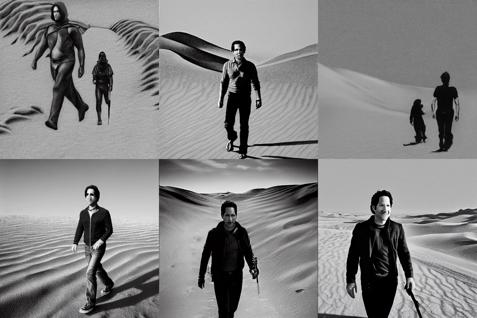 Prompt: Paul Rudd walking through the desert, Dune, black and white drawing