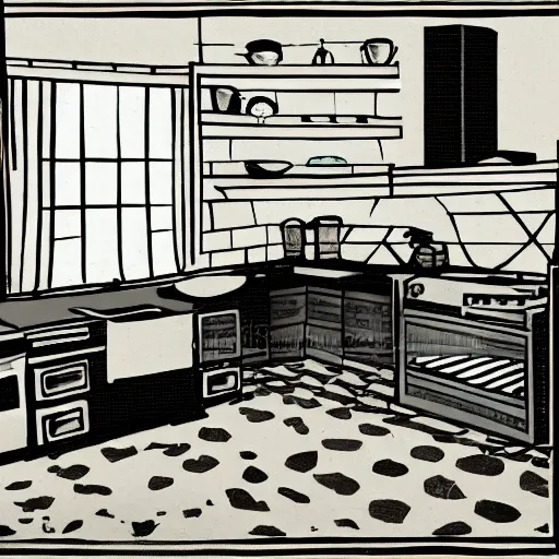Image similar to kitchen, illustration, in the style of henry rivers