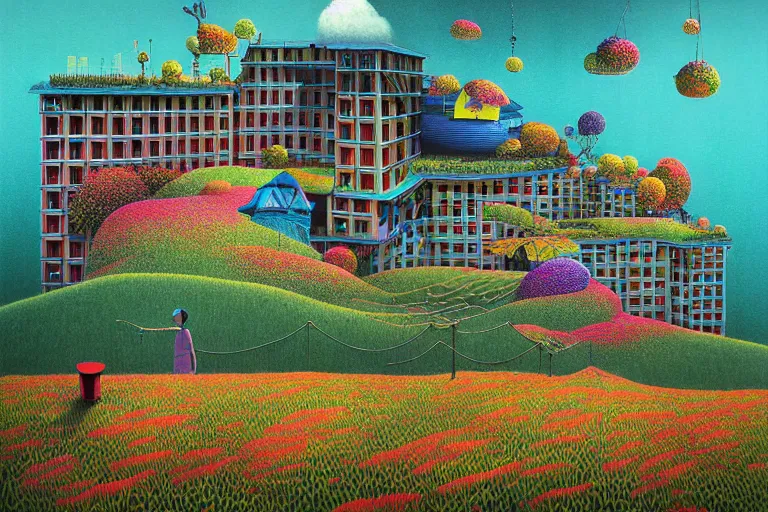 Image similar to surreal glimpse into other universe, hotel genting highland, summer morning, very coherent and colorful high contrast, art by!!!! gediminas pranckevicius!!!!, geof darrow, floralpunk screen printing woodblock, dark shadows, hard lighting, stipple brush technique,