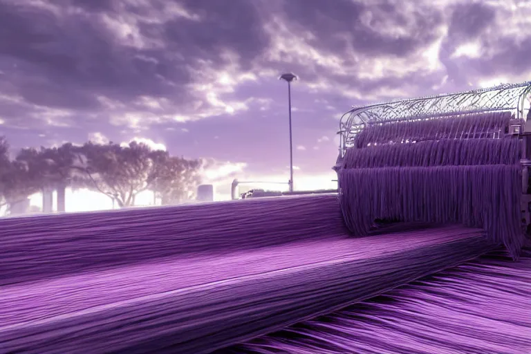 Image similar to a large loom machine that weaves threds that turn into the clouds in a calm purple sky, aesthetic, intricate, elegant, 8K, concept art, highly detailed, hyper-realistic, polished, artstation, unreal engine