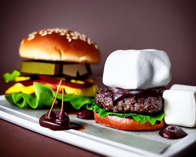 Image similar to dslr food photograph of burger with a few marshmallows in it, some chocolate sauce, 8 5 mm f 1. 4