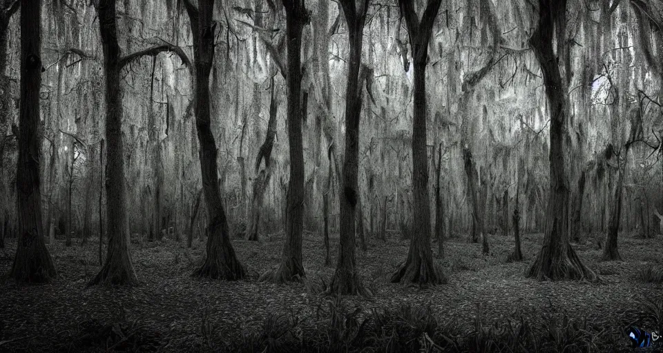 Image similar to A dense and dark enchanted forest with a swamp, by 500px