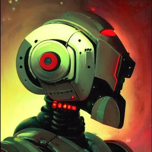 Image similar to a dark and colorful close - up side profile portrait of a sci - fi mecha robot with led lights glowing fog in the background. highly detailed science fiction painting by norman rockwell, frank frazetta, and syd mead. rich colors, high contrast, gloomy atmosphere, dark background. trending on artstation