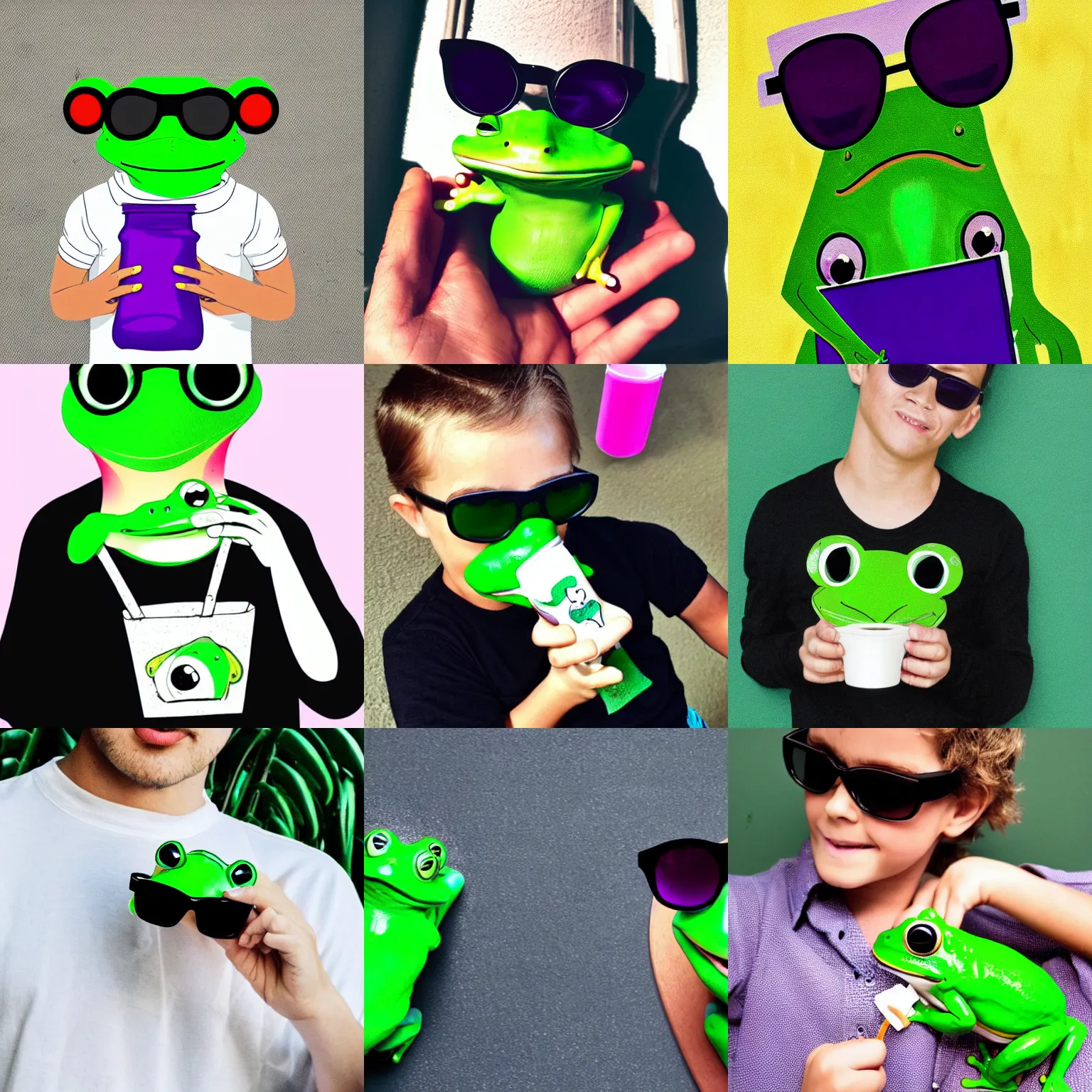 Prompt: a cute green frog with white sunglasses on his face in a black shirt drinking from a purple juice box