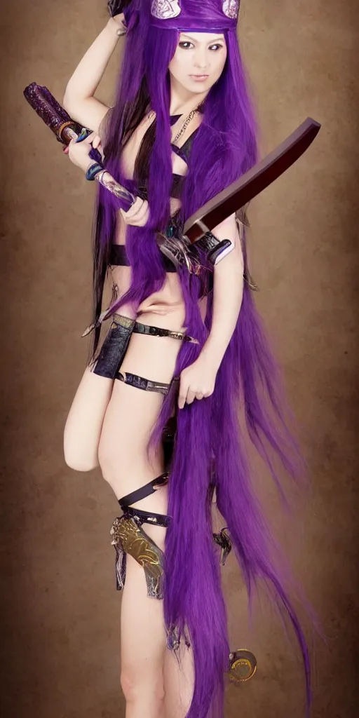 Prompt: beautiful female warrior with long purple hair and katana wearing diadem