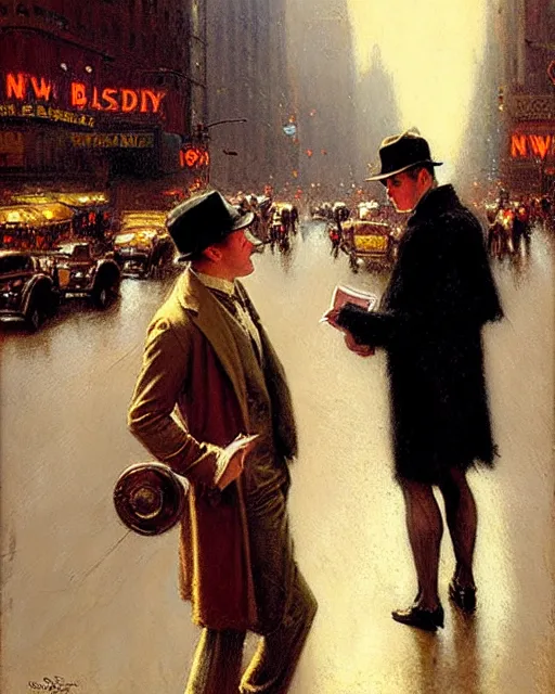 Image similar to attractive man handing out flyers to a broadway show, 1 9 2 0 s new york city, broadway, melancholy, nostalgia, painting by gaston bussiere, craig mullins, j. c. leyendecker