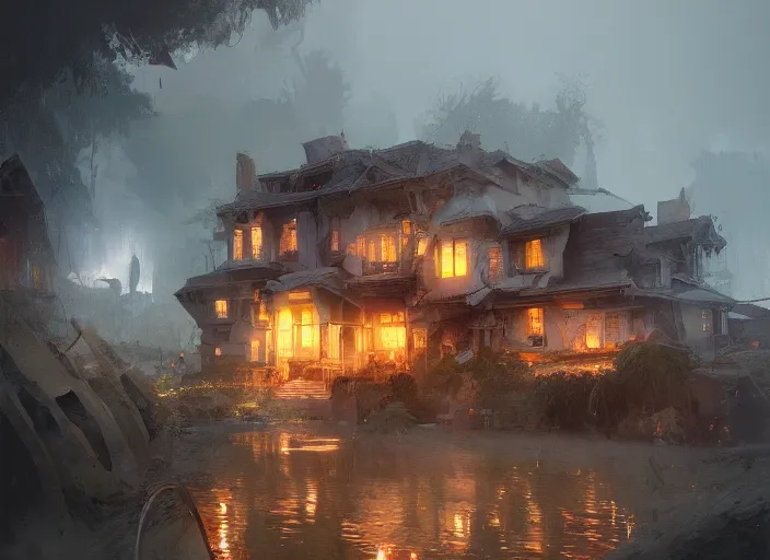 Prompt: one bright the rich house among destroyed world around volumetric lighting, digital painting, highly detailed, artstation, sharp focus, illustration, concept art, ruan jia, steve mccurry, amazing composition