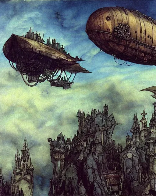 Prompt: Fantasy village, view of the sky above. The sky is completely covered to the horizon by an incredibly huge airship-like ship. The ship flies among the clouds. Dark colors, extremely high detail, realistic, dark fantasy art, masterpiece, 8k, octane rendering, Arthur Rackham painting, art by Victoria Frances, Frank Frazetta.