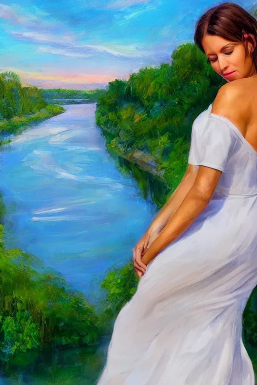 Image similar to a beautiful woman looking to the right side wearing a white dress, river in the background, serene scene, soft lighting, complementary colors, anatomically correct, five fingers, matte painting, centered, symmetrical, low contrast, heaven, path traced, highly detailed, high quality, 4 k, hyperrealistic, soft colors, beautiful landscape, realistic and defined face