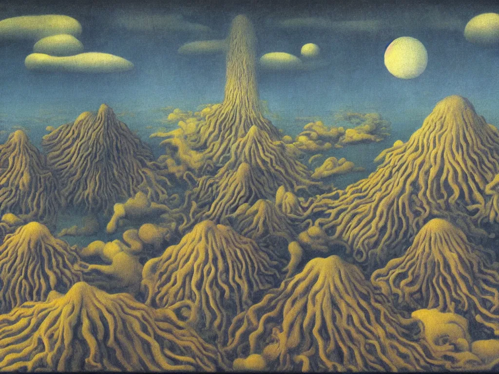 Image similar to dreamless night, sweaty mountain, the lotus eating people, Volcano, acid rains, fractal elongated seashells. Painting by Rene Magritte, Jean Delville, Max Ernst, Maria Sybilla Merian, Alfred Kubin