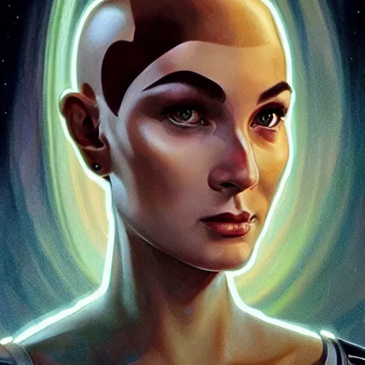 Image similar to a bald serbian!!! young woman as a star trek captain, a still from star trek painted by artgerm and greg rutkowski and alphonse mucha. clear highly detailed face, beautiful sci fi art