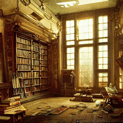 Prompt: painting of a scifi ancient civilzation victorian empty room with books, andreas achenbach