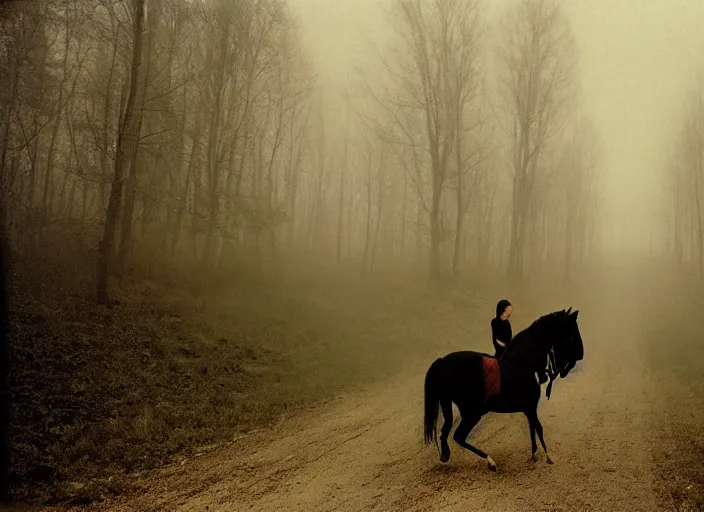 Prompt: medium shot, an evil horse is walking, woods, horror, fog, the horse is breathing smoke, polaroid photo, vintage, neutral colors, by gregory crewdson,