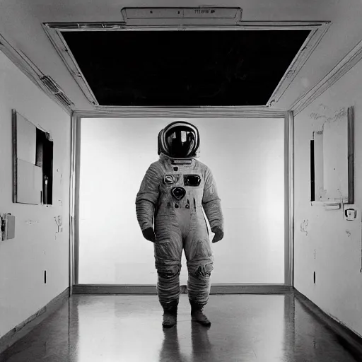 Image similar to portrait of a soviet astronaut in the empty room, black & white photo by annie leibovitz