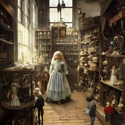 Image similar to human child standing in a victorian doll maker's shop looking at all of the dolls, high detail, digital art, painted by greg rutkowski, painted by seb mckinnon, trending on artstation