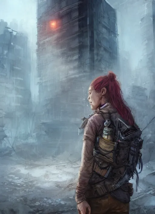 Image similar to portrait of a survivalist woman in a post apocalyptic city at dawn, beautiful intricate digital concept art trending on artstation, soft light