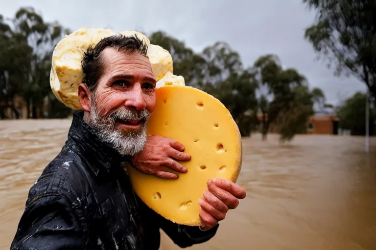 Prompt: closeup portrait of a man carrying a wheel of cheese over his head in a flood in Adelaide in South Australia, photograph, natural light, sharp, detailed face, magazine, press, photo, Steve McCurry, David Lazar, Canon, Nikon, focus