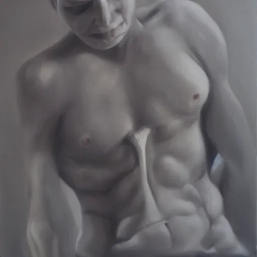 Image similar to My bones grow weary, I can't walk any further, oil-on-canvas, black&white