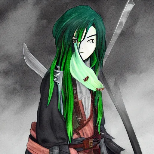 Prompt: swordsman, anime style, green hair, dark, animated, animation, detailed, illustration, moody