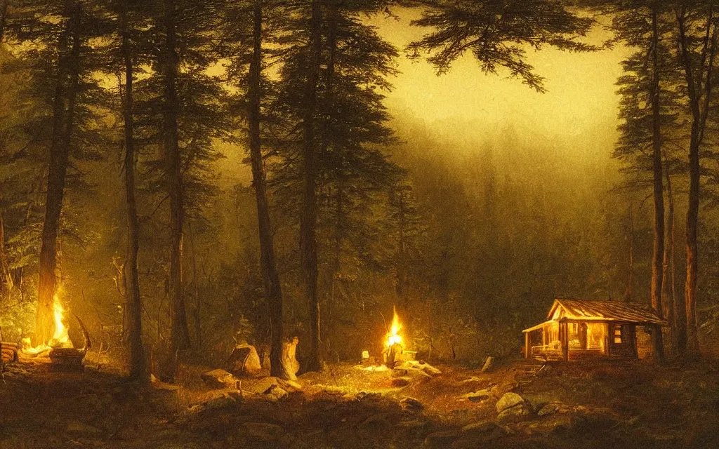 Image similar to small wood cabin with a small campfire on the edge of a forest overlooking a beautiful valley at dusk, cinematic lighting, intricate ink illustration, by albert bierstadt