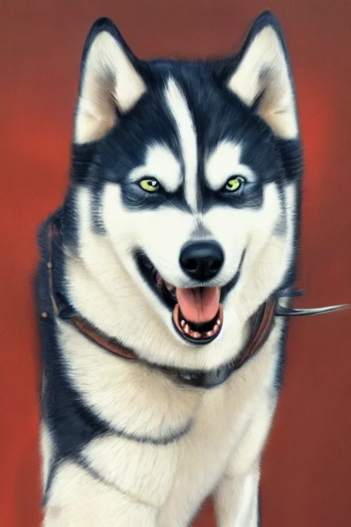 Prompt: a portrait painting of a husky in cowboy costume, anime, furry, humanoid, personify, anthropomorphic