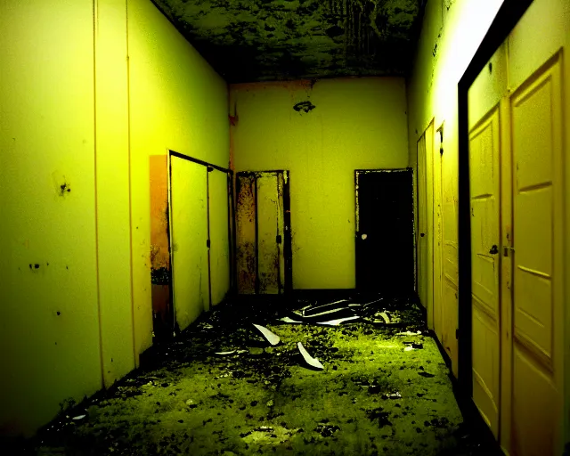 Image similar to the backrooms, the eerie forlorn atmosphere of a place that's usually bustling with people but is now abandoned and quiet, walls with tone of yellow, buzzing fluorescent lights, unsettling images, liminal space
