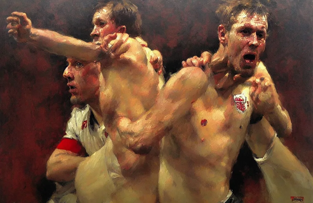 Image similar to portrait of an english football fan!!!!!!!!!!!!!!!!!!!!!!!!!!!, detailed face, detailed painting, epic lighting, by ilya repin, phil hale and kent williams