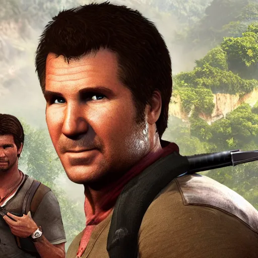 Image similar to will ferrell stars as nathan drake in the playstation 4 video game uncharted, detailed beautiful screenshot