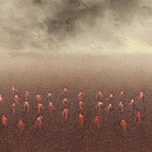 Image similar to illustration of rows of humans hanging on hooks in an ice box, fog rolling on the ground