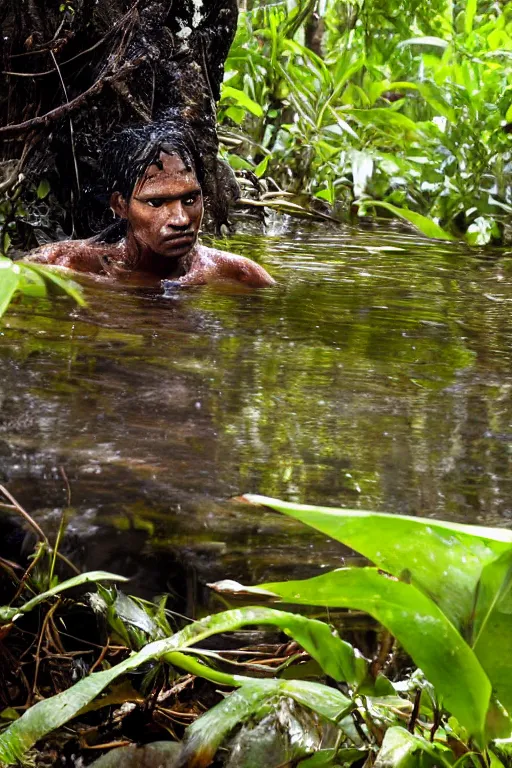 Image similar to predator in sri lankan jungle, submerged in water, black hair, hunter, extremely high fidelity, natural lighting