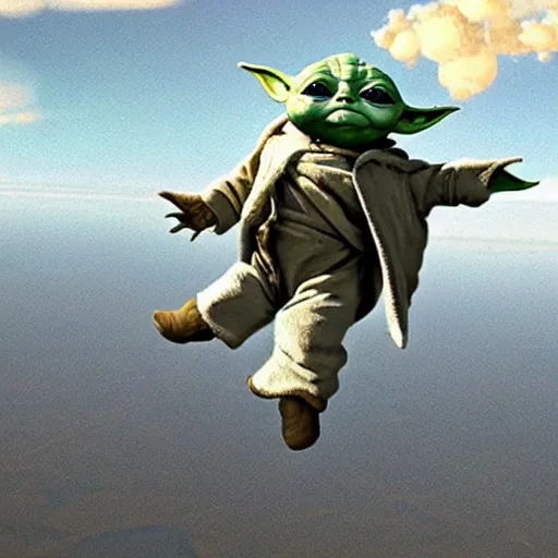 Prompt: baby yoda skydiving, realistic, highly detailed, cinematic