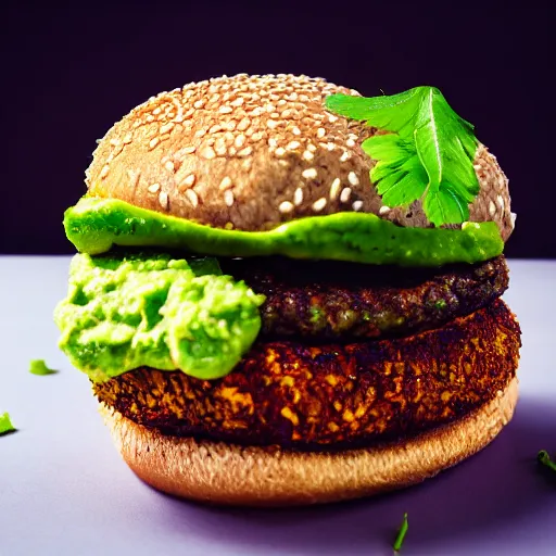 Image similar to juicy vegan hamburger topped with guacamole and fried onion and a vegan fried egg, crispy buns, 8 k resolution, professional food photography, studio lighting, sharp focus, hyper - detailed